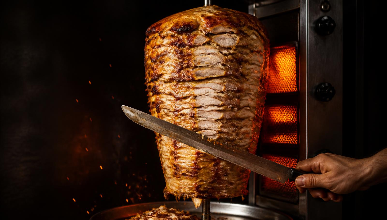 Carne de döner girando en el asador